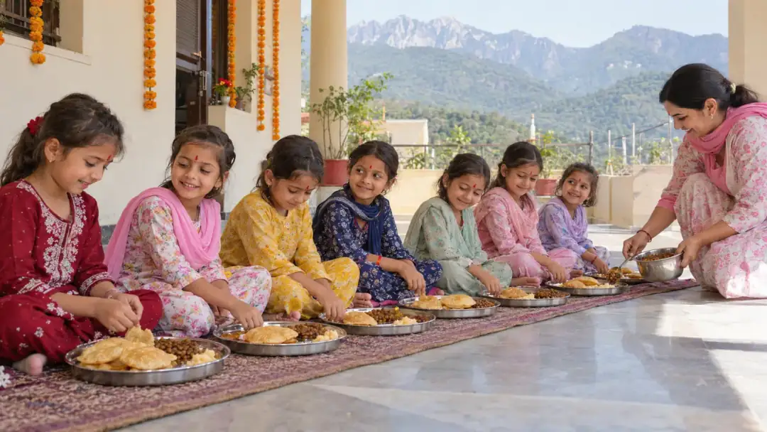 A woman serving chana to a row of young girls