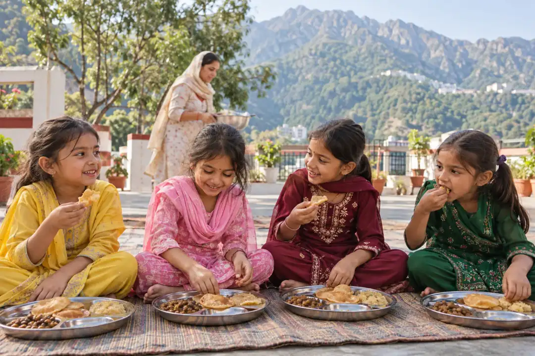 Young girls enjoying puri and chana