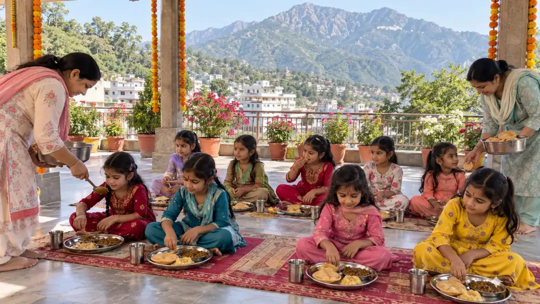 Kanjak being served a meal under a marigold-decorated pavilion