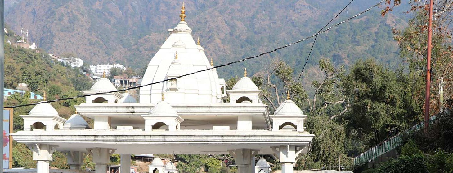 White temple-style gateway at the start of the yatra in Katra