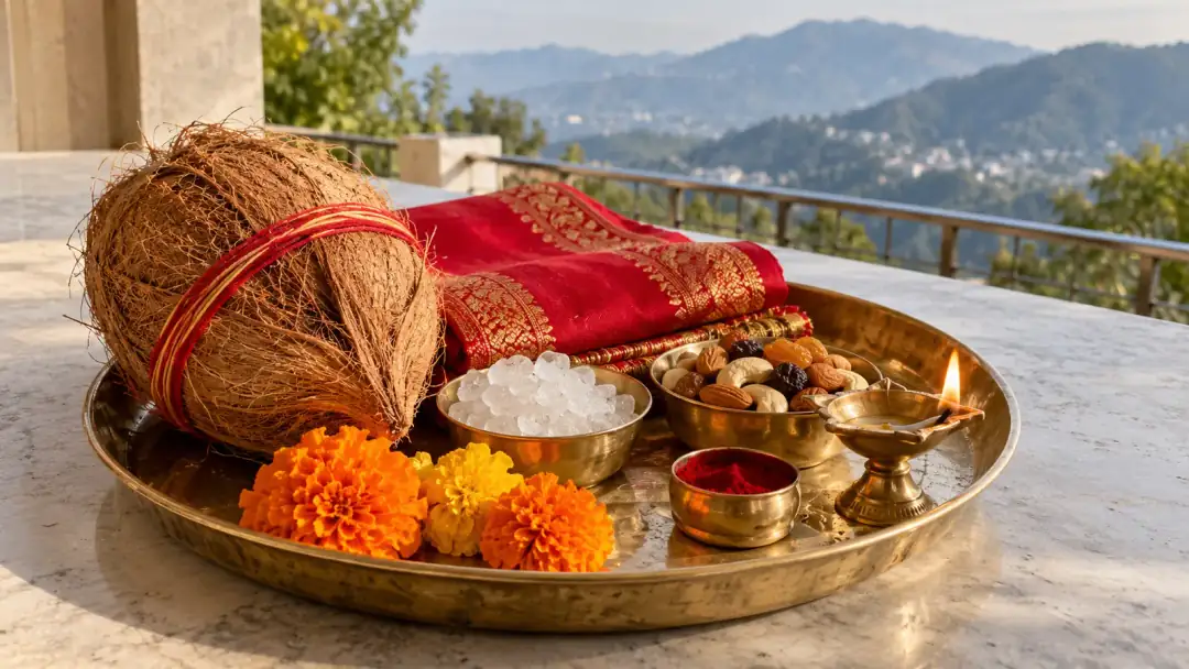 Brass thali with coconut, red chunri, mishri, dry fruits, kumkum and a diya