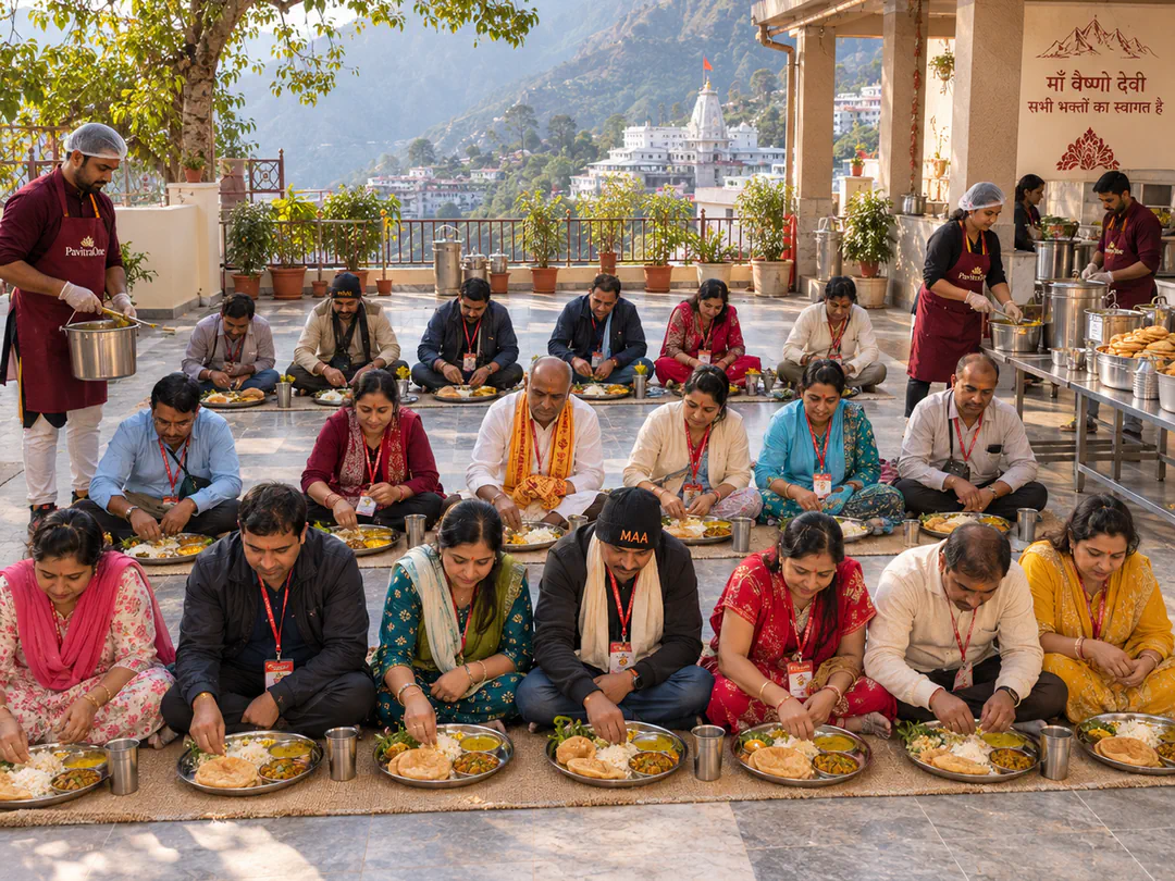 Devotees seated in rows on a terrace for a bhandara meal, hills and a temple behind