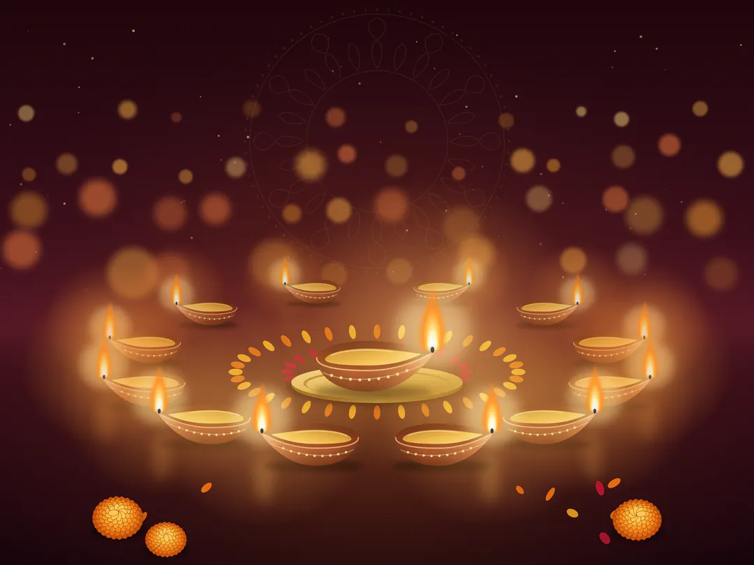 Illustration: a circle of lit diyas with marigolds