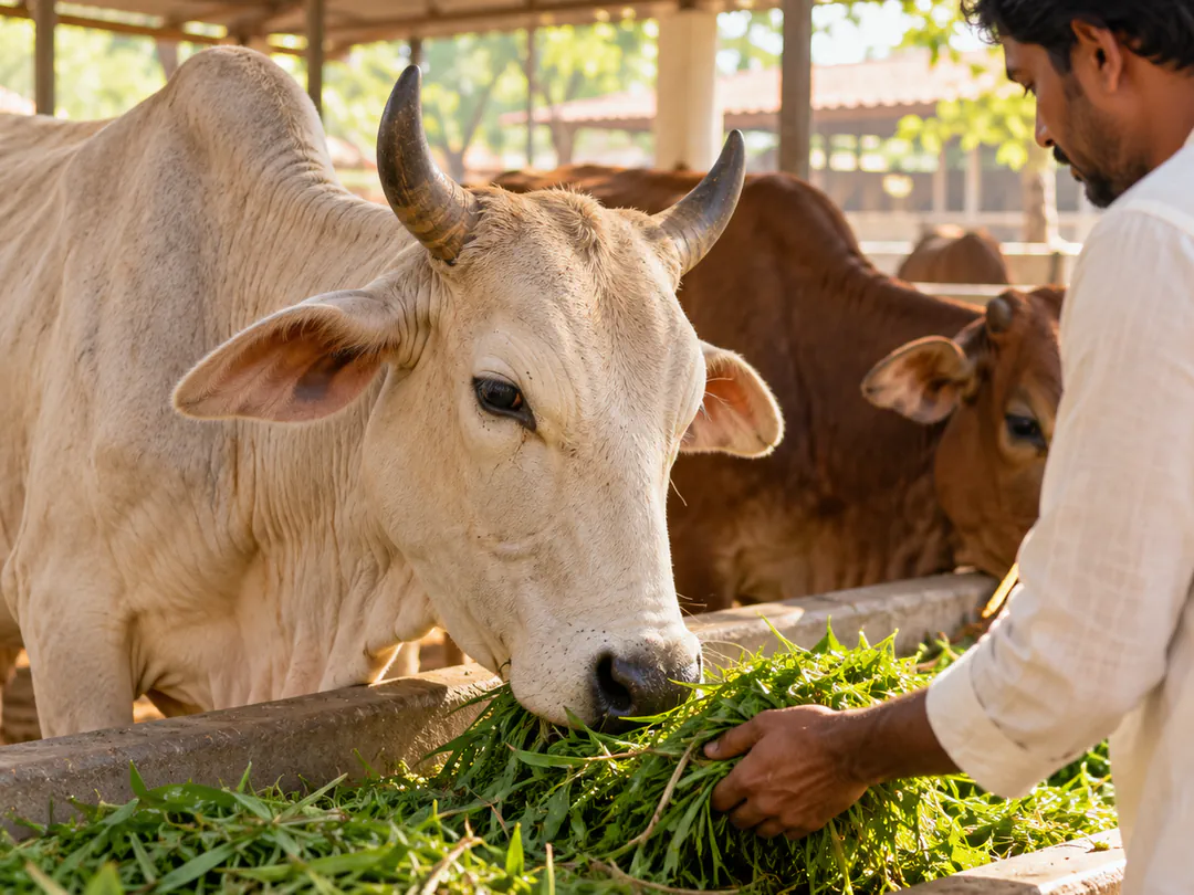 A devotee feeding green fodder to a cow by hand