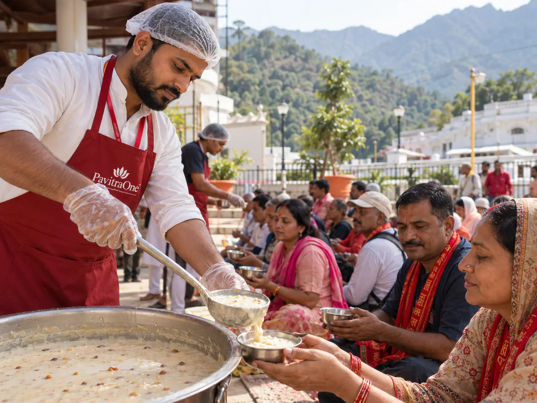 A sevadar ladling kheer into devotees' bowls