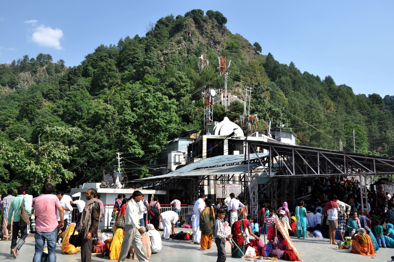 Devotees at a hilltop temple on the Vaishno Devi yatra route